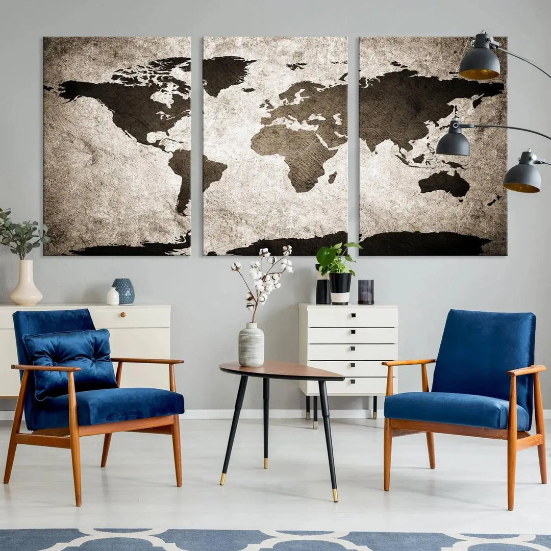 The living room features the "Wall Art Dark World Map on Light Background Canvas Print," a three-panel masterpiece crafted from museum-quality canvases with a UV-protective coating.