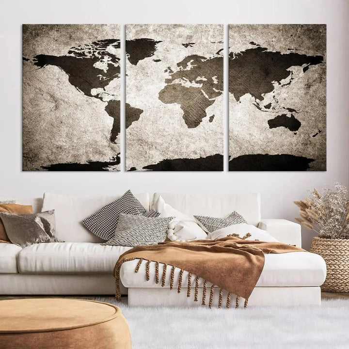 The living room features the "Wall Art Dark World Map on Light Background Canvas Print," a three-panel masterpiece crafted from museum-quality canvases with a UV-protective coating.