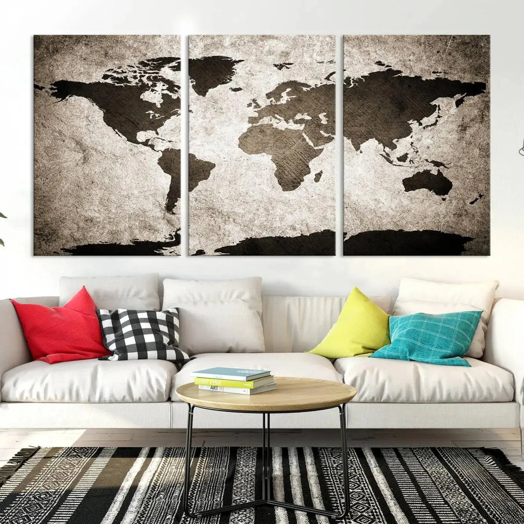 The living room features the "Wall Art Dark World Map on Light Background Canvas Print," a three-panel masterpiece crafted from museum-quality canvases with a UV-protective coating.