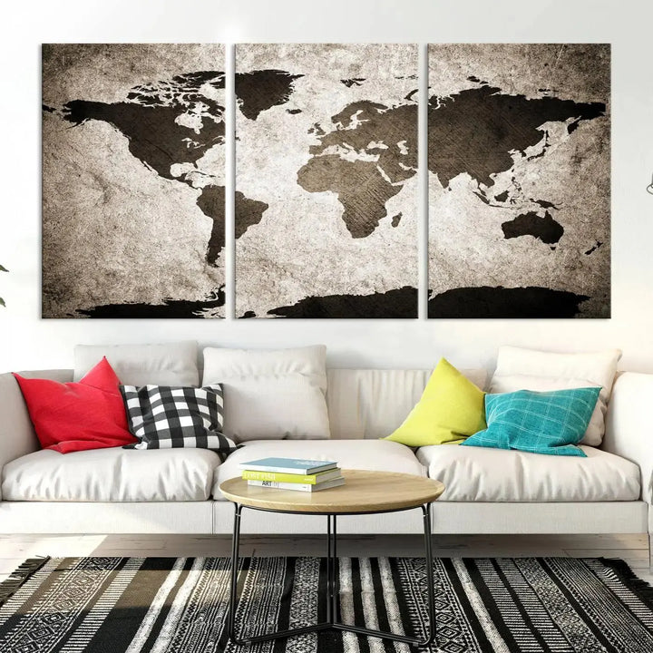 The living room features the "Wall Art Dark World Map on Light Background Canvas Print," a three-panel masterpiece crafted from museum-quality canvases with a UV-protective coating.