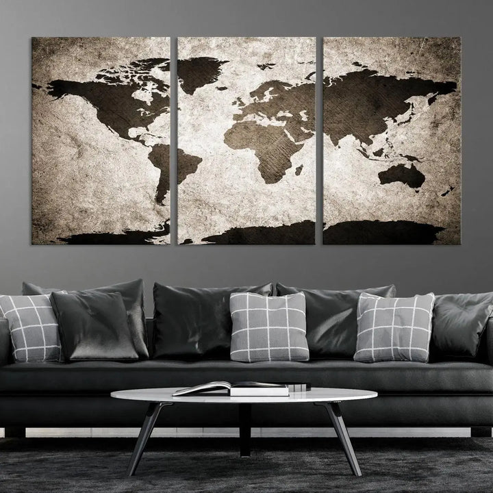 The living room features the "Wall Art Dark World Map on Light Background Canvas Print," a three-panel masterpiece crafted from museum-quality canvases with a UV-protective coating.