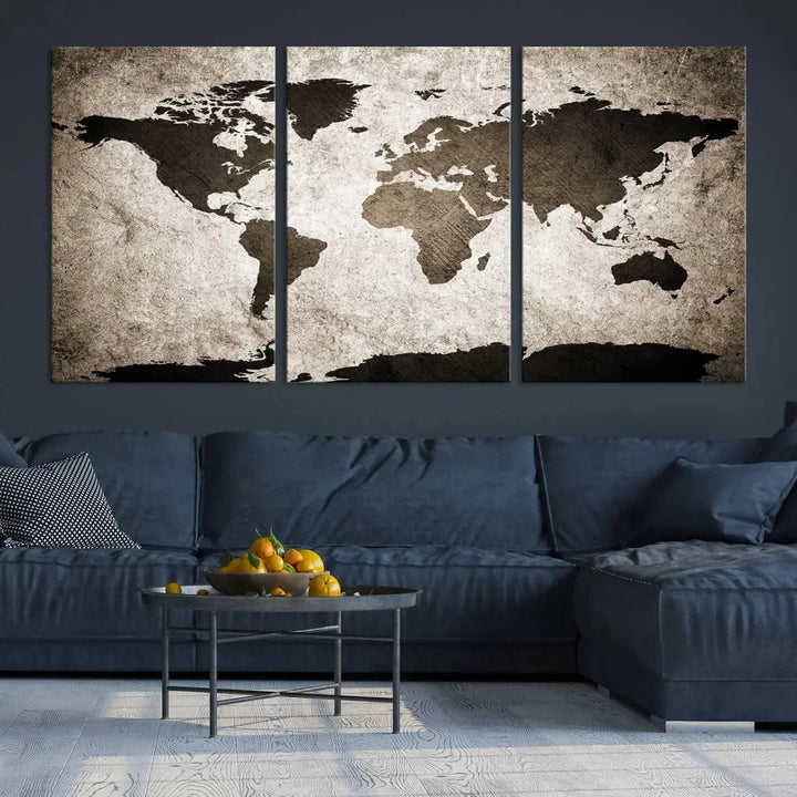 The living room features the "Wall Art Dark World Map on Light Background Canvas Print," a three-panel masterpiece crafted from museum-quality canvases with a UV-protective coating.