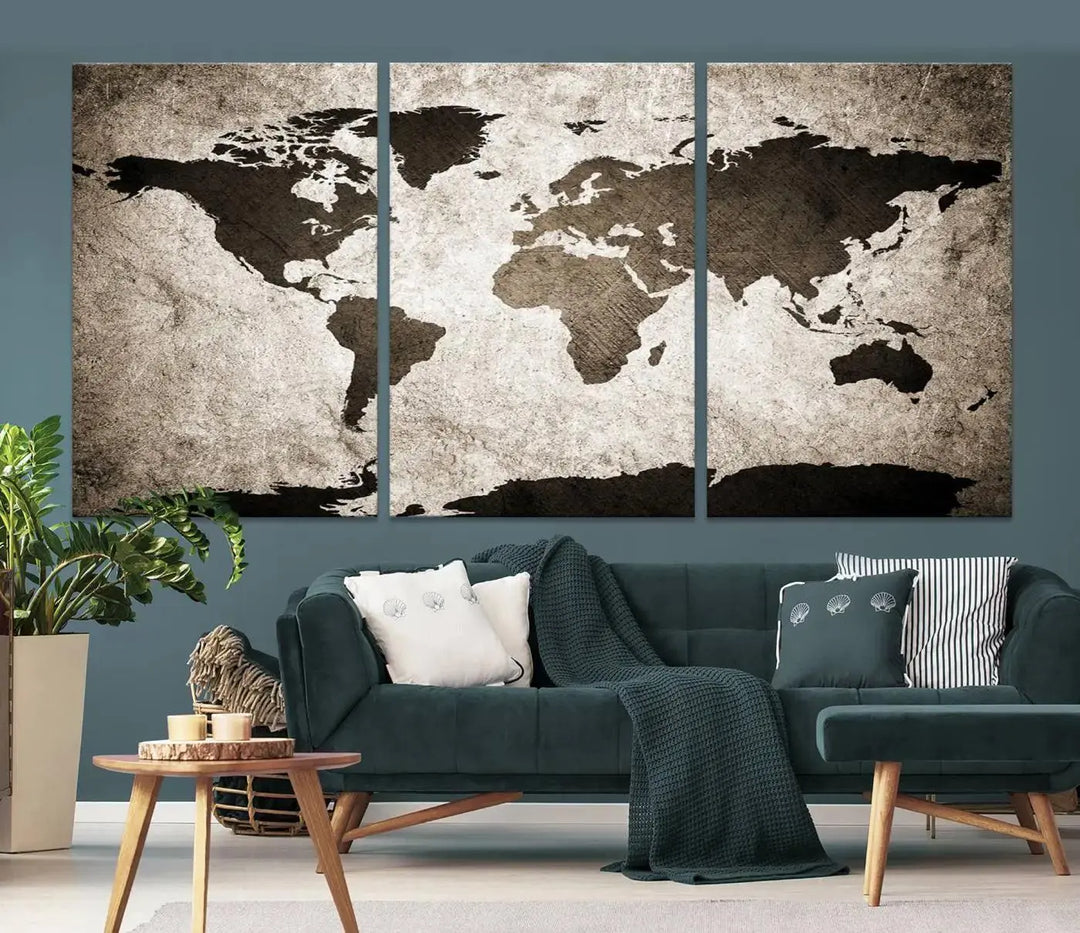 The living room features the "Wall Art Dark World Map on Light Background Canvas Print," a three-panel masterpiece crafted from museum-quality canvases with a UV-protective coating.