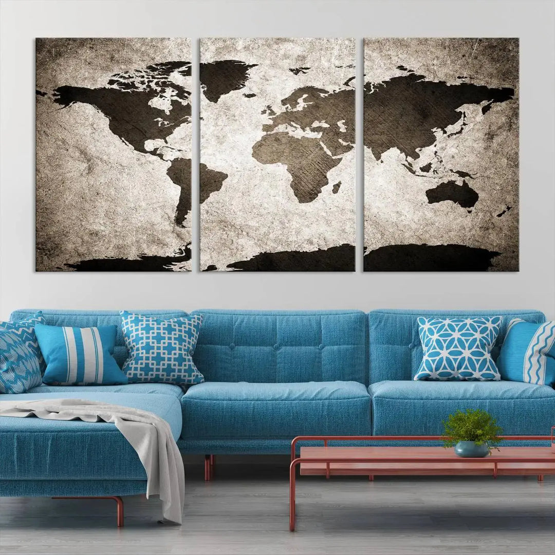 The living room features the "Wall Art Dark World Map on Light Background Canvas Print," a three-panel masterpiece crafted from museum-quality canvases with a UV-protective coating.