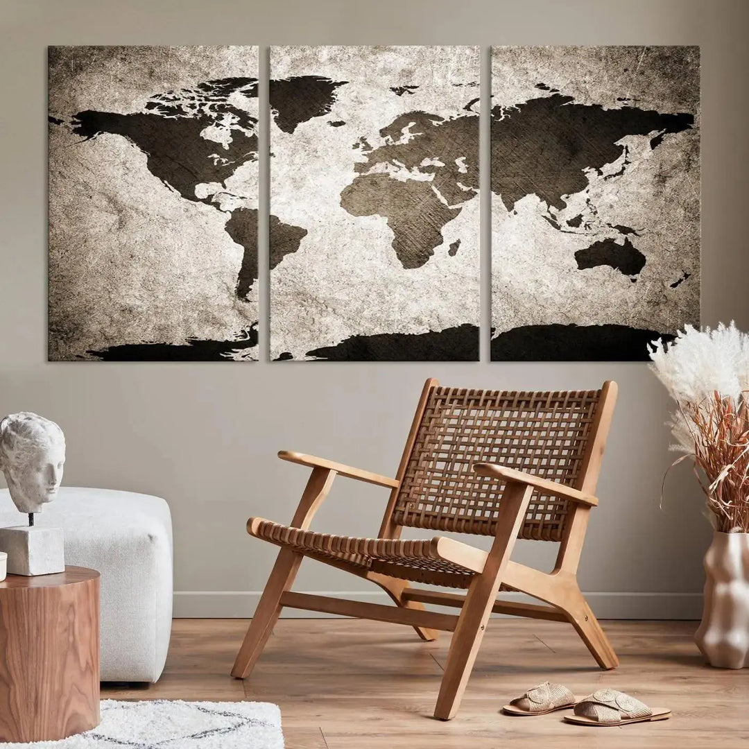 The living room features the "Wall Art Dark World Map on Light Background Canvas Print," a three-panel masterpiece crafted from museum-quality canvases with a UV-protective coating.