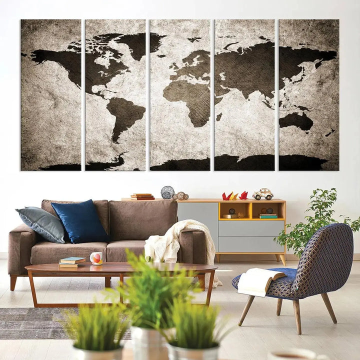 The living room features the "Wall Art Dark World Map on Light Background Canvas Print," a three-panel masterpiece crafted from museum-quality canvases with a UV-protective coating.