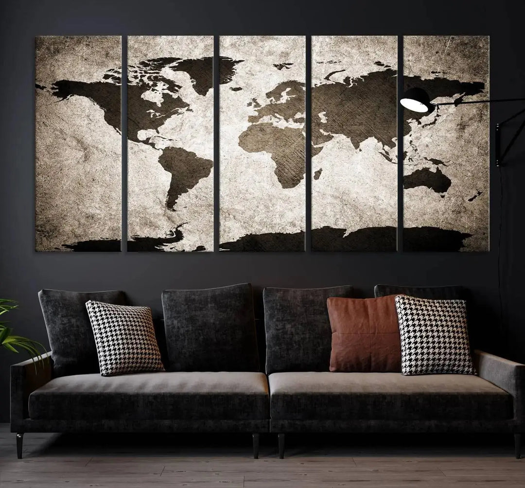 The living room features the "Wall Art Dark World Map on Light Background Canvas Print," a three-panel masterpiece crafted from museum-quality canvases with a UV-protective coating.