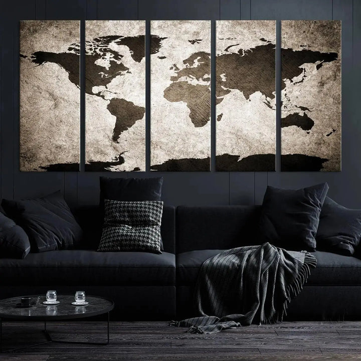 The living room features the "Wall Art Dark World Map on Light Background Canvas Print," a three-panel masterpiece crafted from museum-quality canvases with a UV-protective coating.