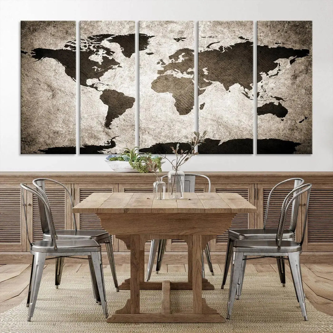 The living room features the "Wall Art Dark World Map on Light Background Canvas Print," a three-panel masterpiece crafted from museum-quality canvases with a UV-protective coating.