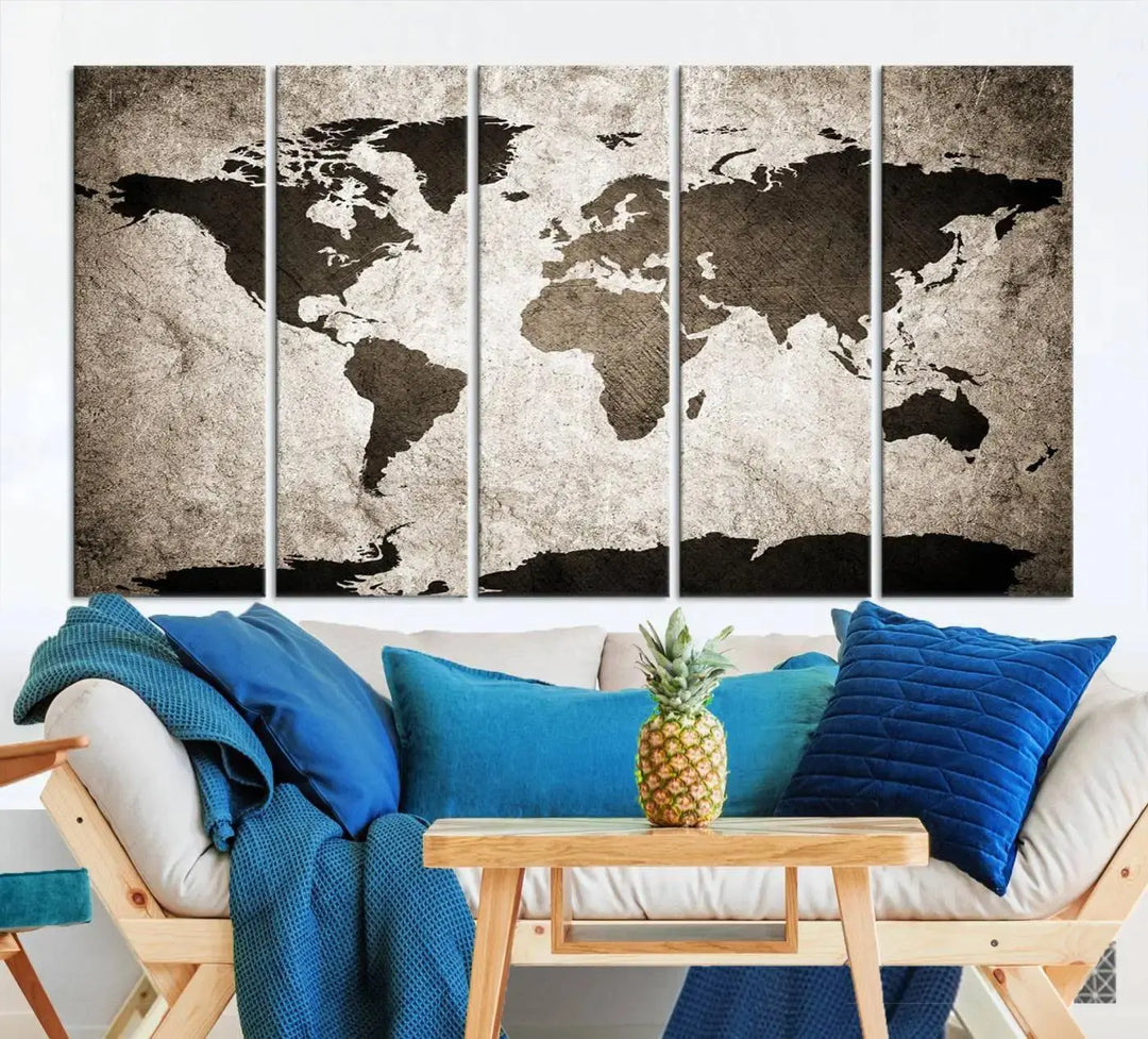 The living room features the "Wall Art Dark World Map on Light Background Canvas Print," a three-panel masterpiece crafted from museum-quality canvases with a UV-protective coating.