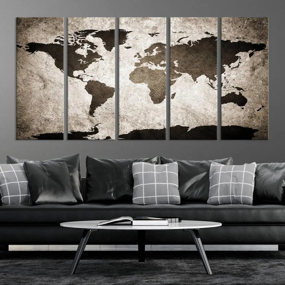 The living room features the "Wall Art Dark World Map on Light Background Canvas Print," a three-panel masterpiece crafted from museum-quality canvases with a UV-protective coating.