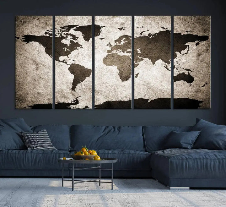 The living room features the "Wall Art Dark World Map on Light Background Canvas Print," a three-panel masterpiece crafted from museum-quality canvases with a UV-protective coating.