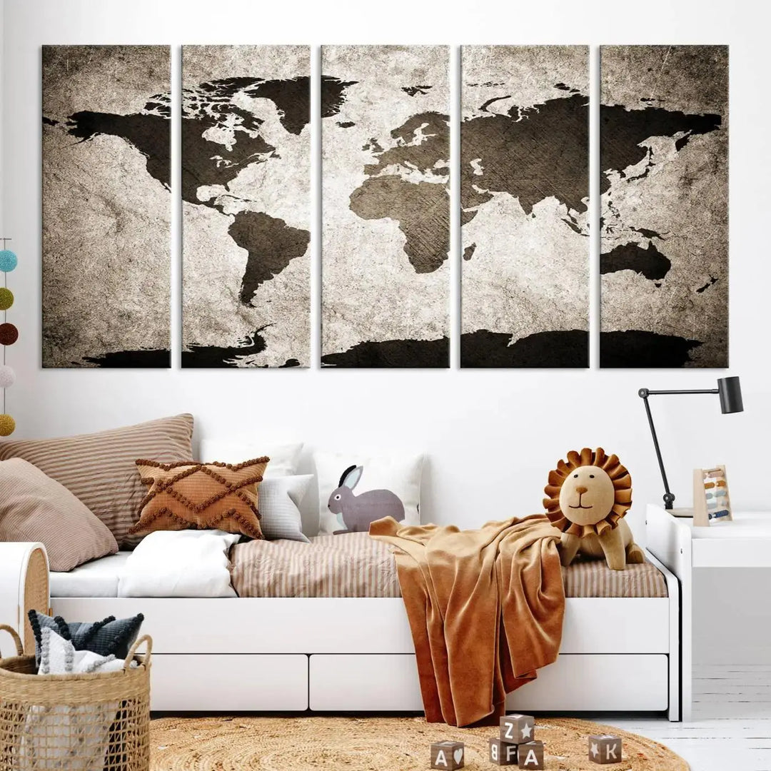 The living room features the "Wall Art Dark World Map on Light Background Canvas Print," a three-panel masterpiece crafted from museum-quality canvases with a UV-protective coating.