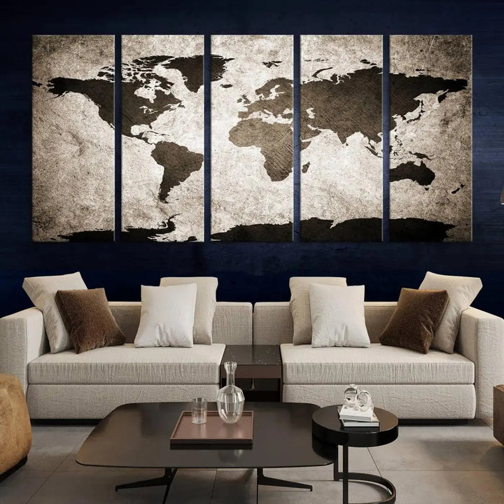 The living room features the "Wall Art Dark World Map on Light Background Canvas Print," a three-panel masterpiece crafted from museum-quality canvases with a UV-protective coating.