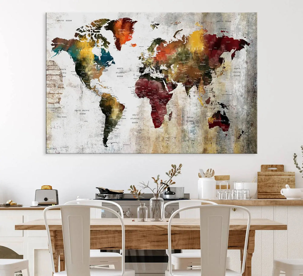 The Wall Art Dark World Map on Light Background Canvas Print adorns a modern kitchen wall.