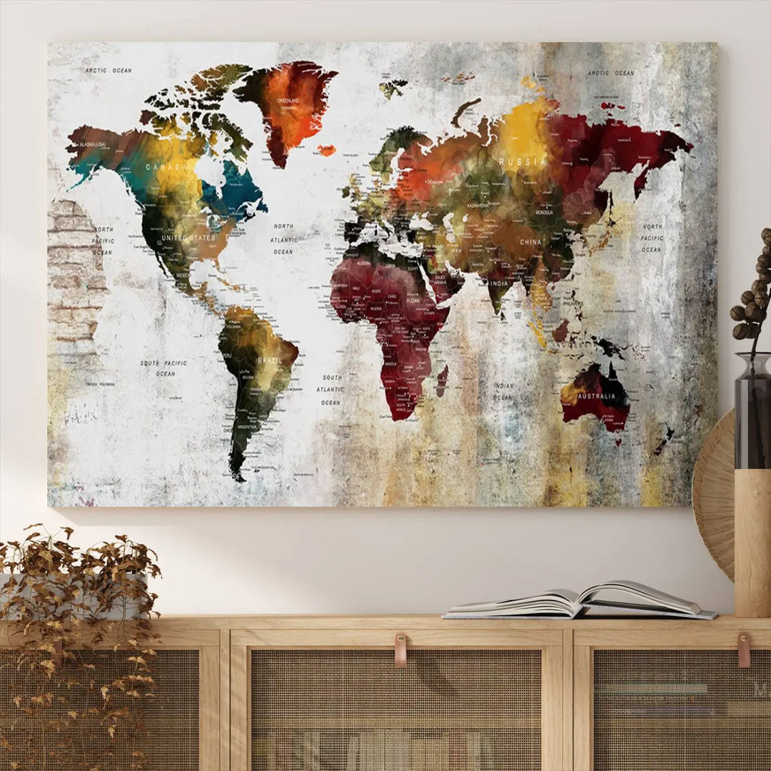 The Wall Art Dark World Map on Light Background Canvas Print adorns a modern kitchen wall.