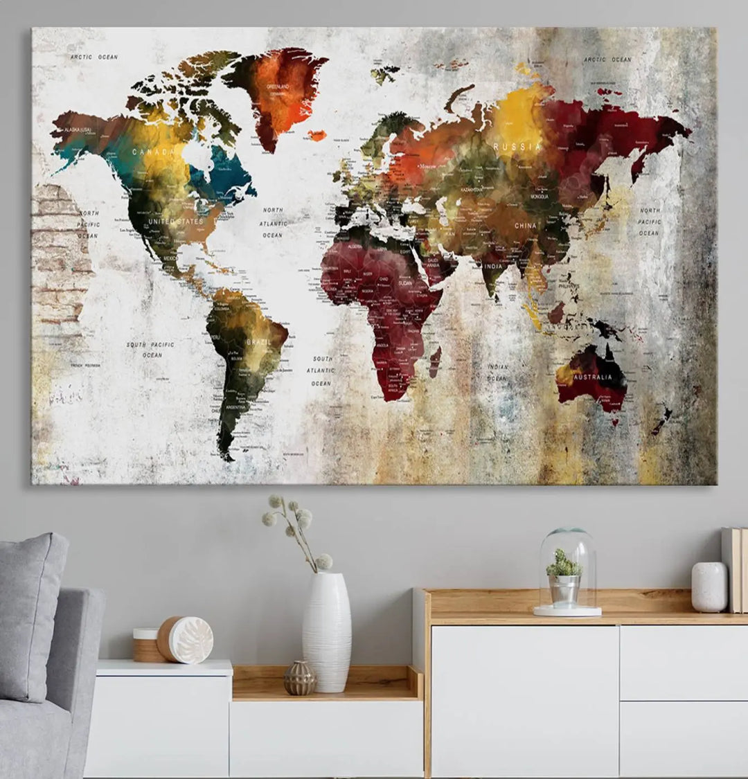 The Wall Art Dark World Map on Light Background Canvas Print adorns a modern kitchen wall.