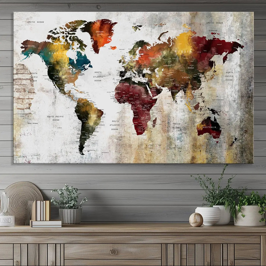 The Wall Art Dark World Map on Light Background Canvas Print adorns a modern kitchen wall.