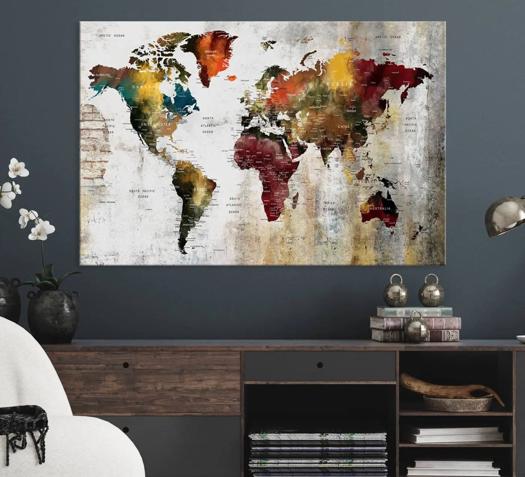 The Wall Art Dark World Map on Light Background Canvas Print adorns a modern kitchen wall.