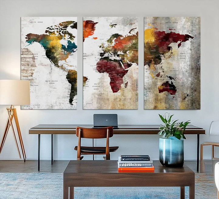 The Wall Art Dark World Map on Light Background Canvas Print adorns a modern kitchen wall.