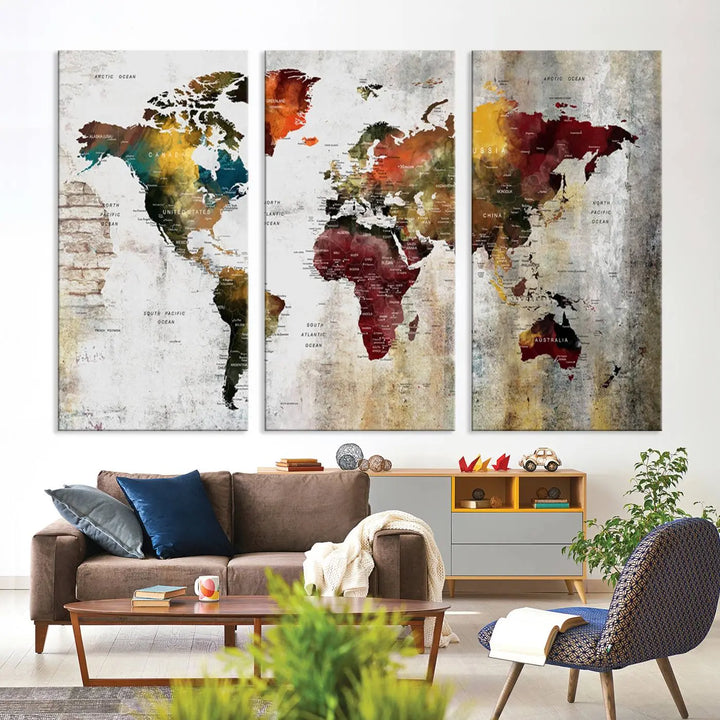 The Wall Art Dark World Map on Light Background Canvas Print adorns a modern kitchen wall.