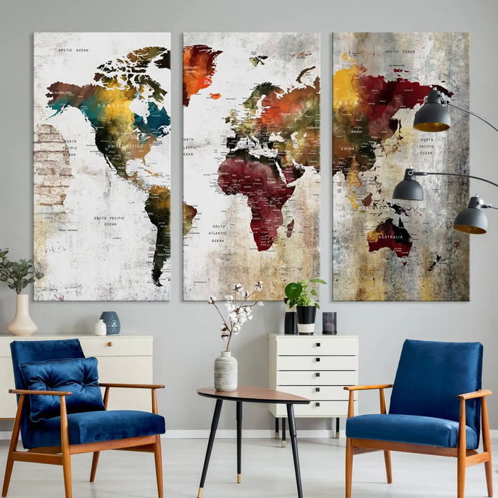 The Wall Art Dark World Map on Light Background Canvas Print adorns a modern kitchen wall.