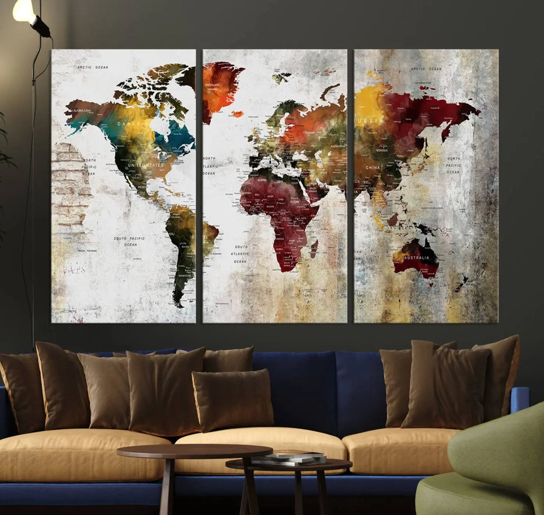 The Wall Art Dark World Map on Light Background Canvas Print adorns a modern kitchen wall.