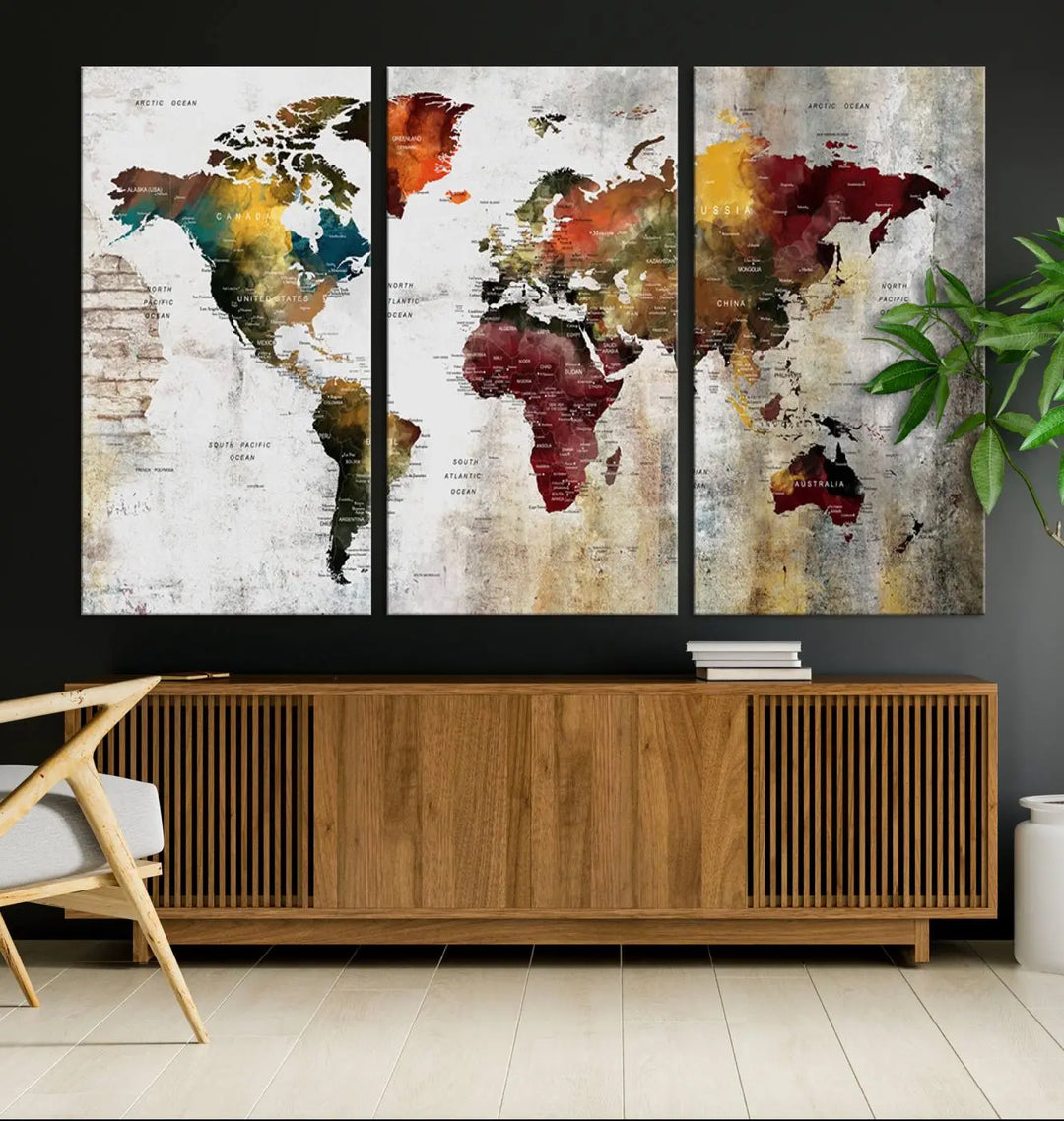 The Wall Art Dark World Map on Light Background Canvas Print adorns a modern kitchen wall.