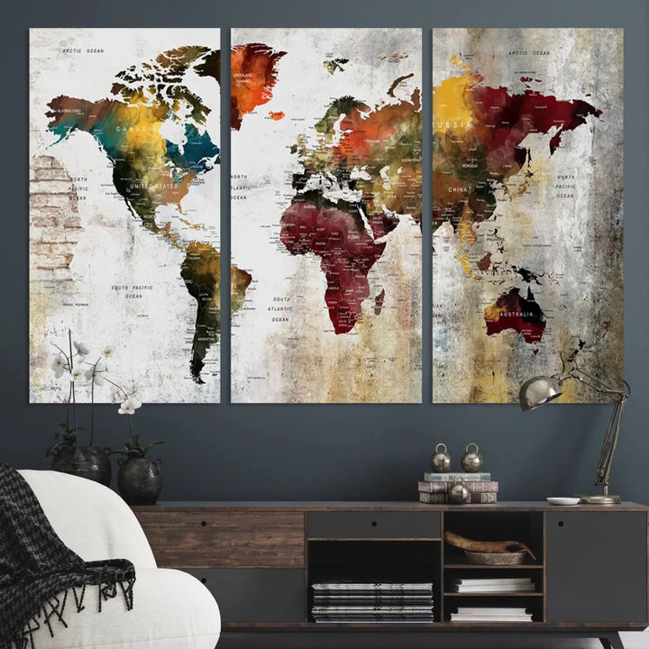 The Wall Art Dark World Map on Light Background Canvas Print adorns a modern kitchen wall.