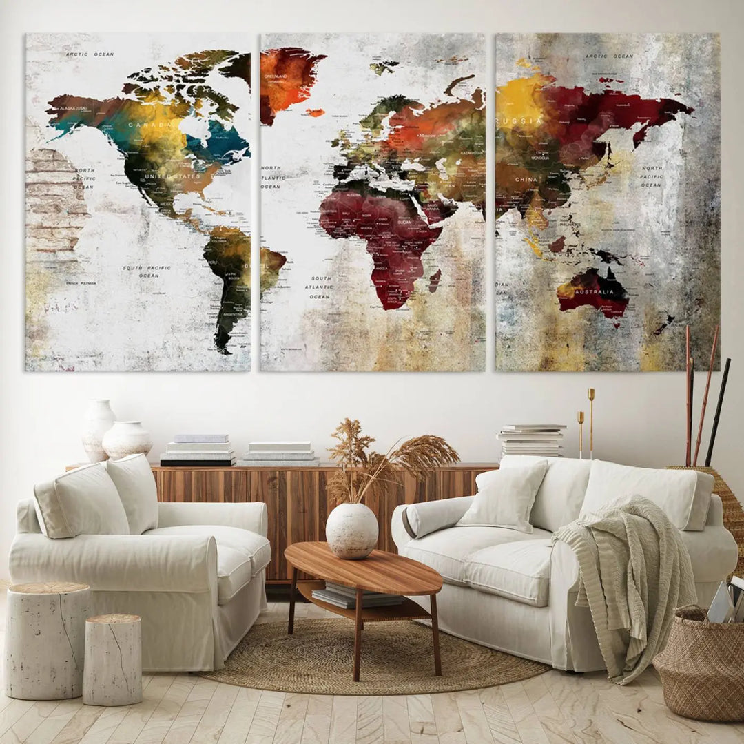 The Wall Art Dark World Map on Light Background Canvas Print adorns a modern kitchen wall.