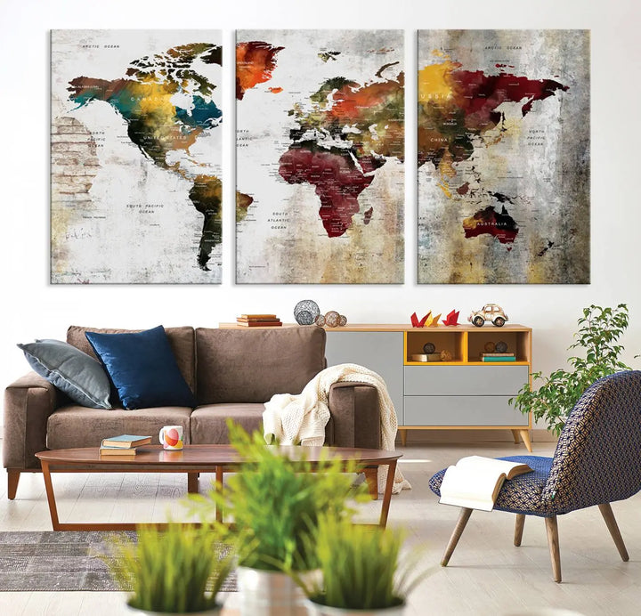 The Wall Art Dark World Map on Light Background Canvas Print adorns a modern kitchen wall.