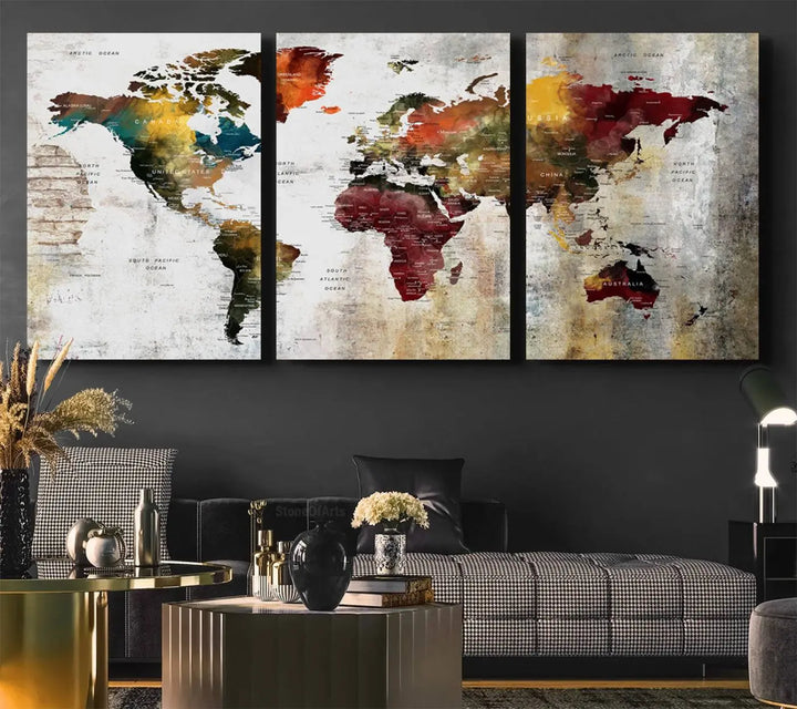 The Wall Art Dark World Map on Light Background Canvas Print adorns a modern kitchen wall.