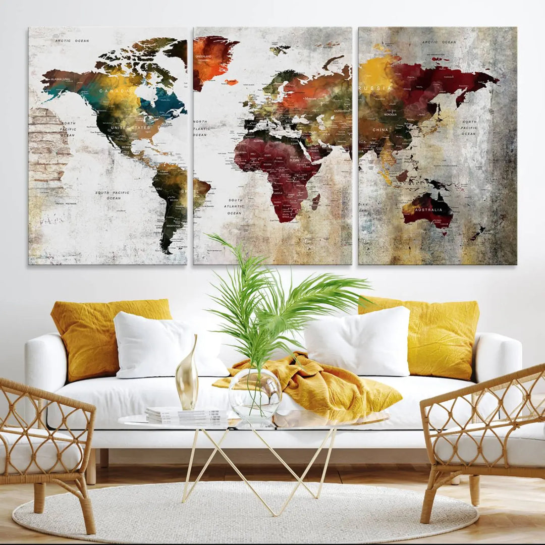 The Wall Art Dark World Map on Light Background Canvas Print adorns a modern kitchen wall.