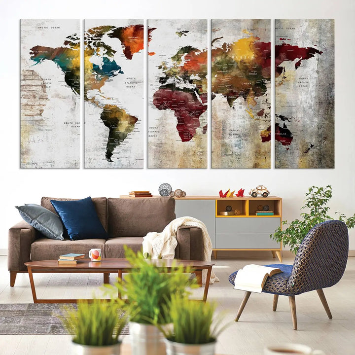 The Wall Art Dark World Map on Light Background Canvas Print adorns a modern kitchen wall.