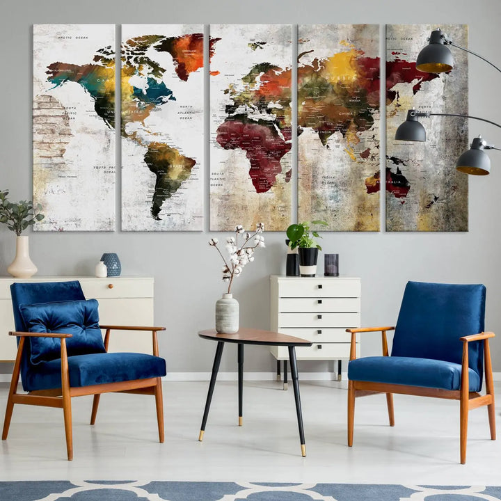 The Wall Art Dark World Map on Light Background Canvas Print adorns a modern kitchen wall.