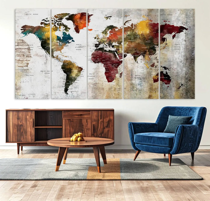 The Wall Art Dark World Map on Light Background Canvas Print adorns a modern kitchen wall.