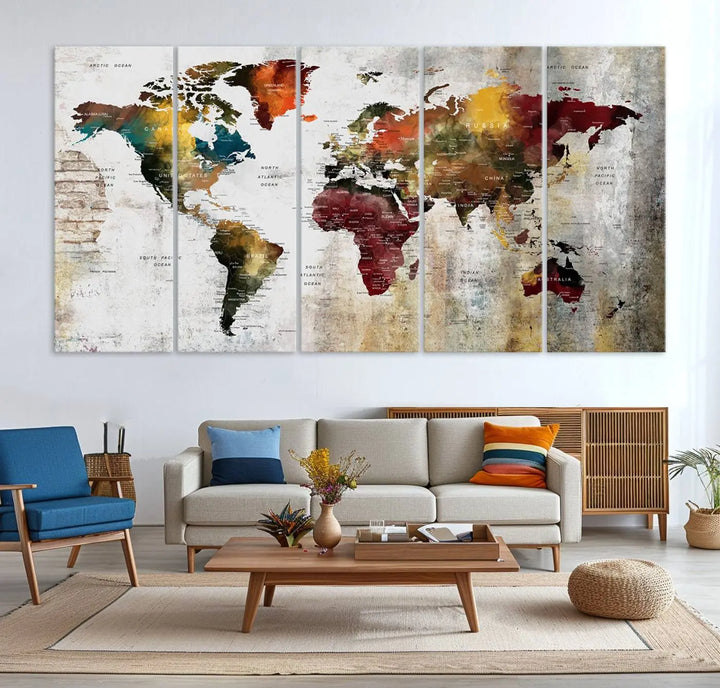 The Wall Art Dark World Map on Light Background Canvas Print adorns a modern kitchen wall.