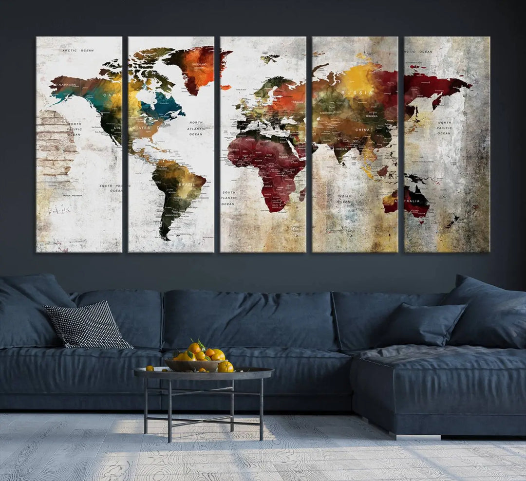 The Wall Art Dark World Map on Light Background Canvas Print adorns a modern kitchen wall.