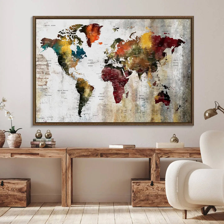 The Wall Art Dark World Map on Light Background Canvas Print adorns a modern kitchen wall.