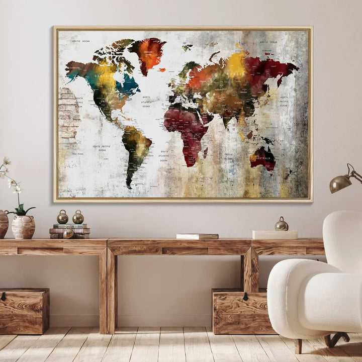 The Wall Art Dark World Map on Light Background Canvas Print adorns a modern kitchen wall.