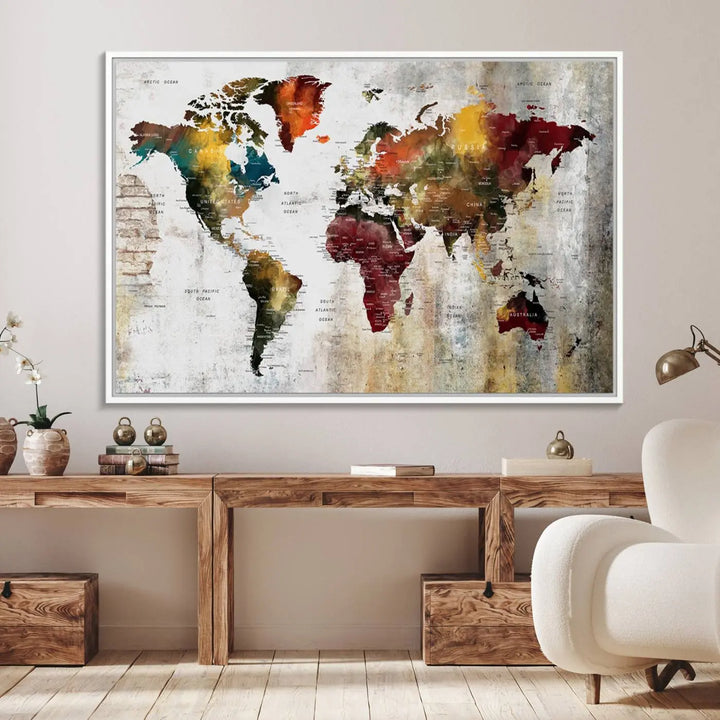 The Wall Art Dark World Map on Light Background Canvas Print adorns a modern kitchen wall.