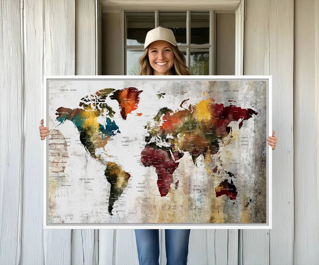 The Wall Art Dark World Map on Light Background Canvas Print adorns a modern kitchen wall.