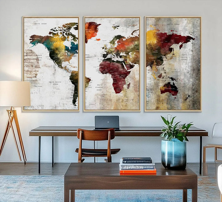 The Wall Art Dark World Map on Light Background Canvas Print adorns a modern kitchen wall.