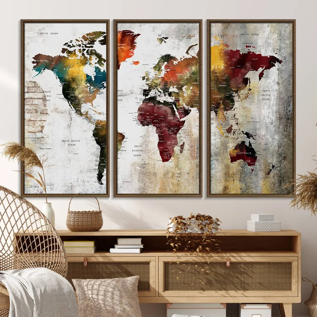 The Wall Art Dark World Map on Light Background Canvas Print adorns a modern kitchen wall.