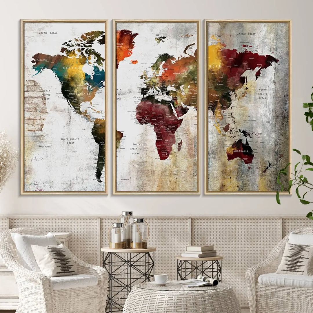 The Wall Art Dark World Map on Light Background Canvas Print adorns a modern kitchen wall.