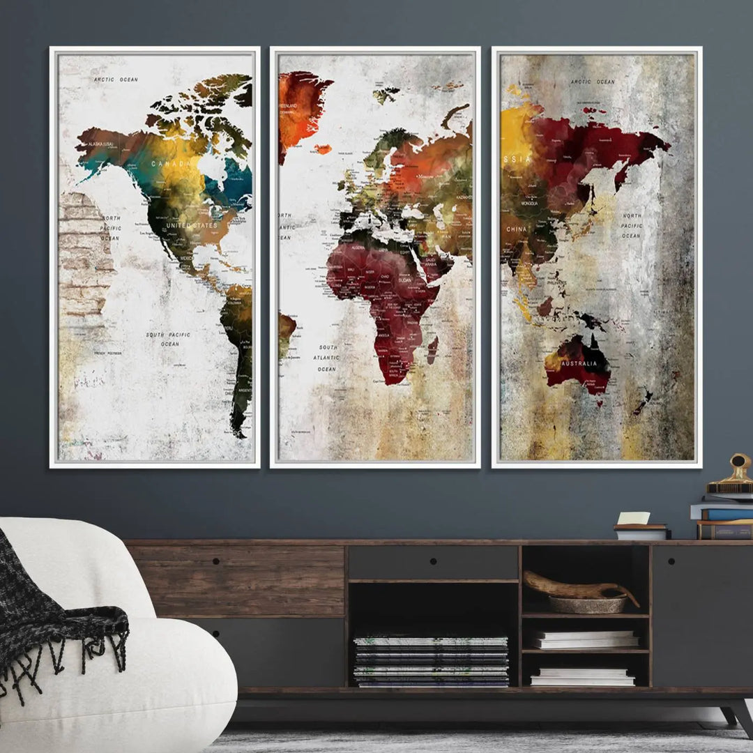 The Wall Art Dark World Map on Light Background Canvas Print adorns a modern kitchen wall.