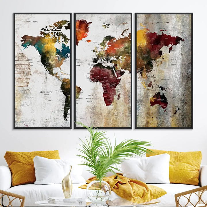 The Wall Art Dark World Map on Light Background Canvas Print adorns a modern kitchen wall.