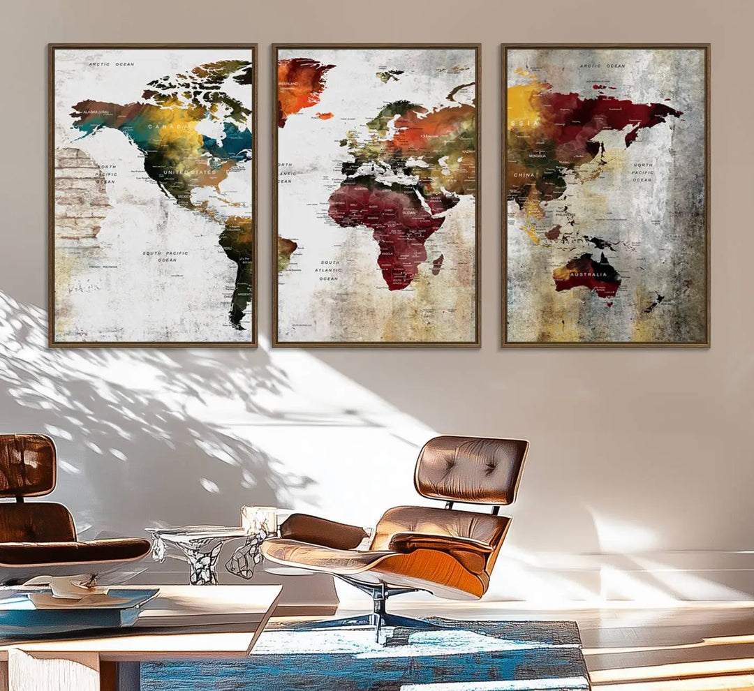 The Wall Art Dark World Map on Light Background Canvas Print adorns a modern kitchen wall.