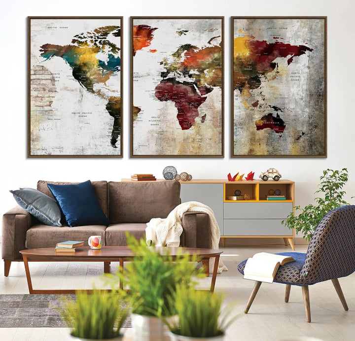 The Wall Art Dark World Map on Light Background Canvas Print adorns a modern kitchen wall.