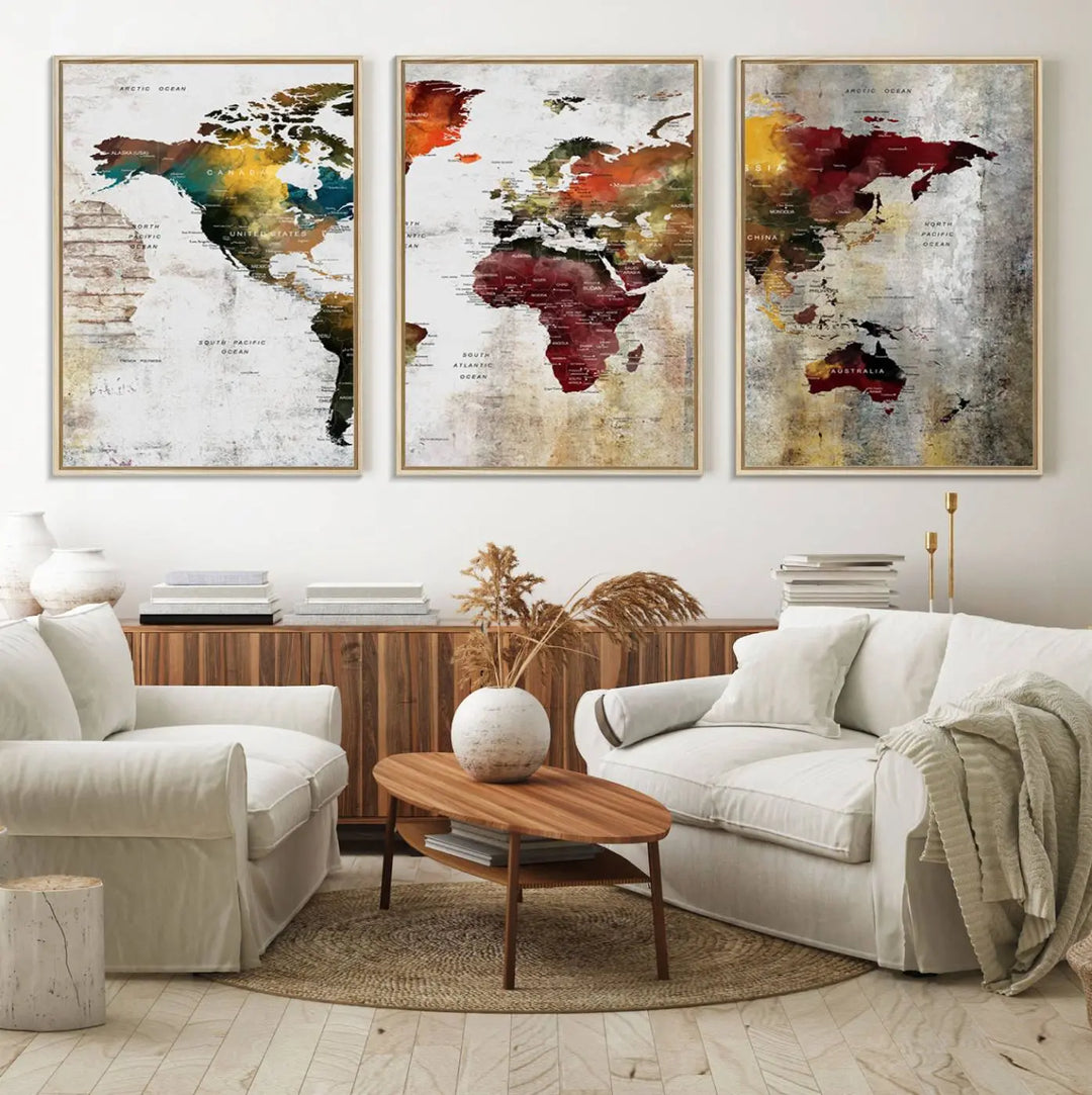 The Wall Art Dark World Map on Light Background Canvas Print adorns a modern kitchen wall.